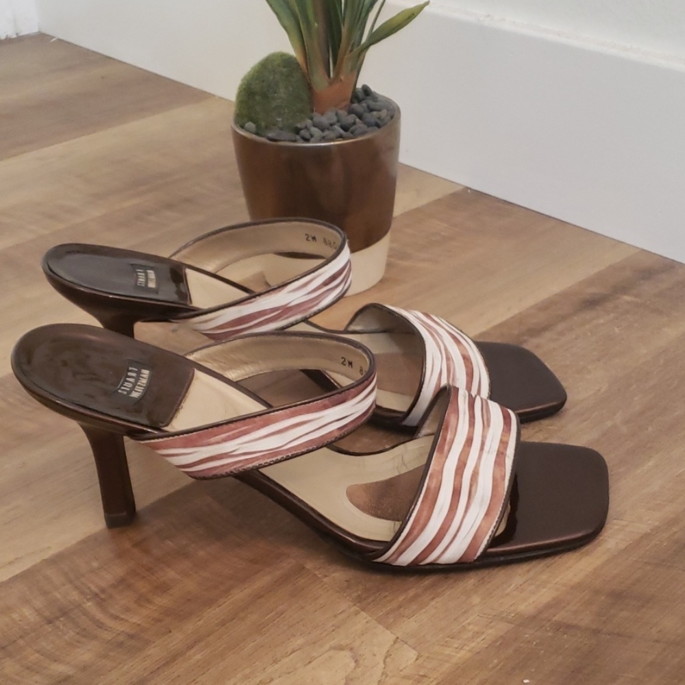 Stuart Weitzman Striped Block Heel Sandals Brown Pink White Square Toe - Picture 6 of 6